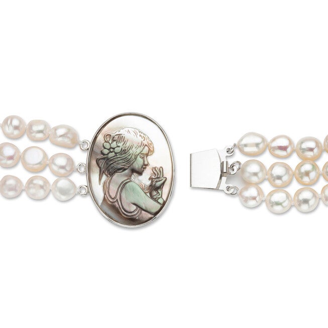 Genuine Freshwater Pearl Black Mother-of-Pearl Cameo Necklace Silvertone 18 inches, Blue / Light Grey, alternate image number null
