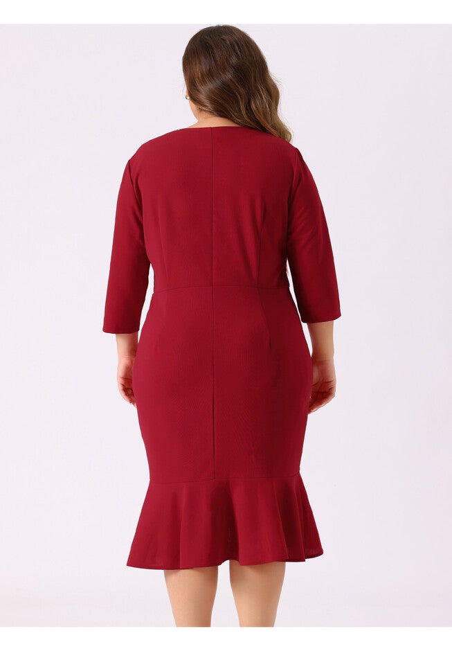 Ruffled 3/4 Sleeve Office Work Cocktail Wrap Dress, Red / Red, alternate image number 2
