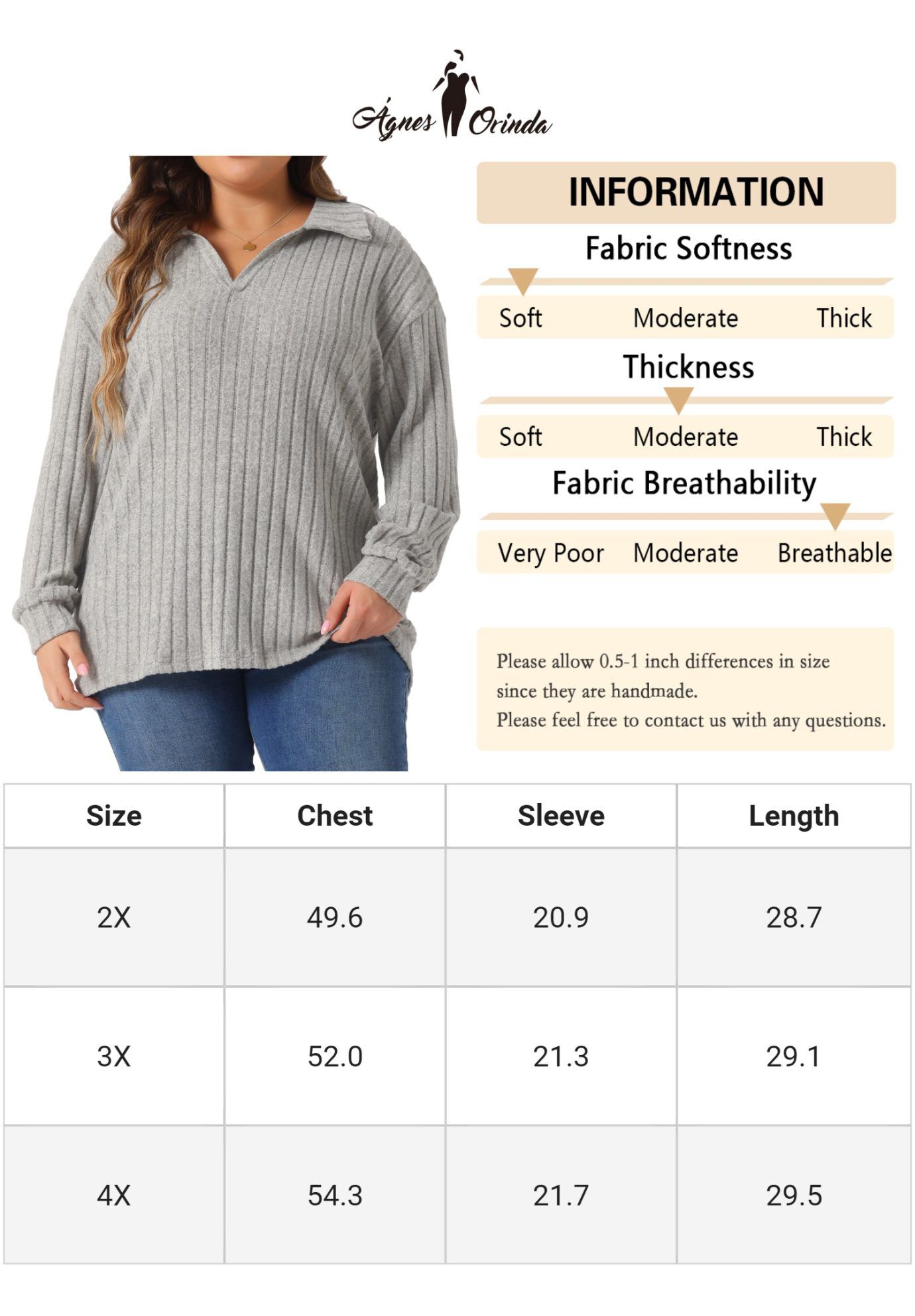 Loose Polo V Neck Long Sleeve Ribbed Knit Top, Grey / Cool Gray, alternate image number 4