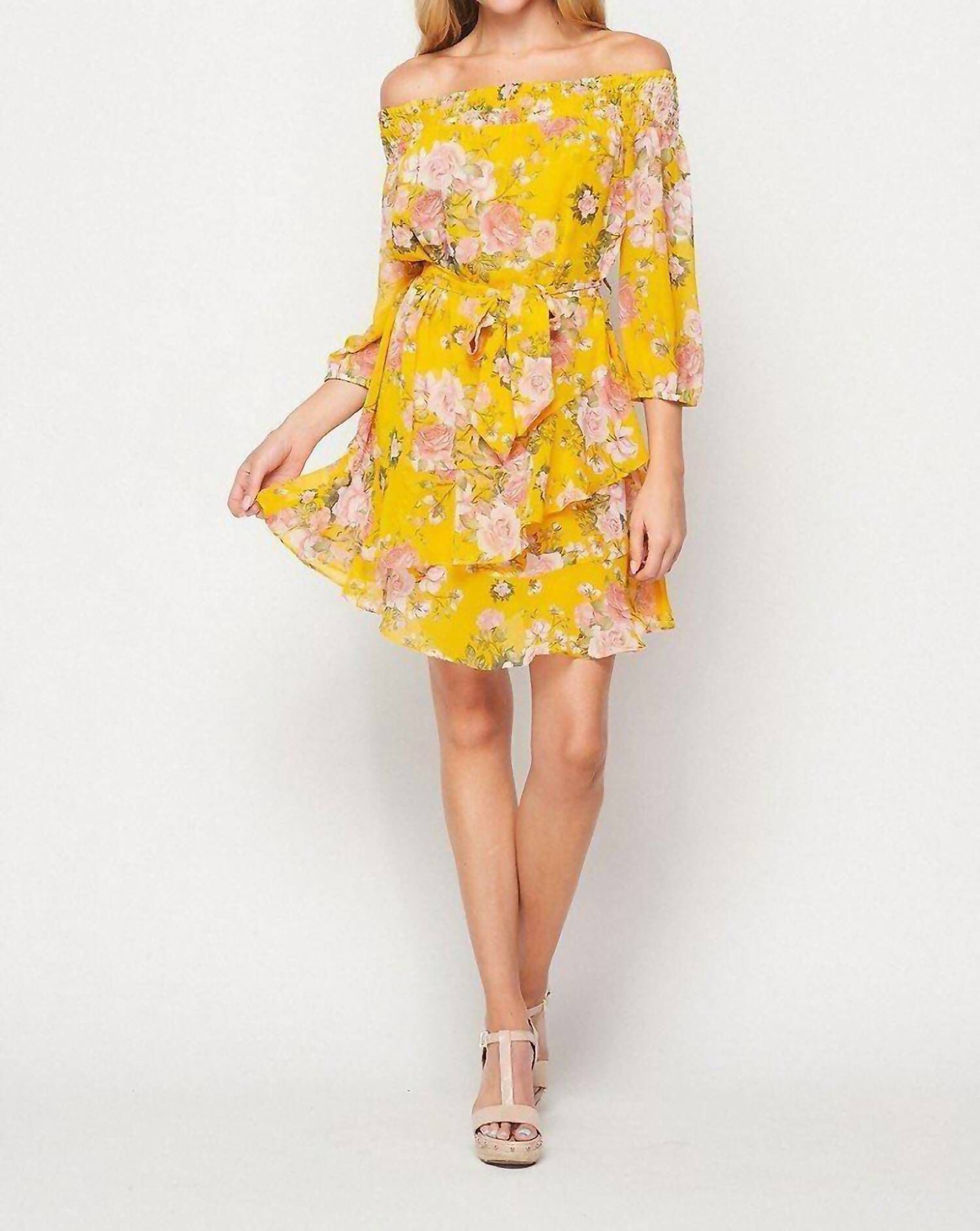 FLORAL OFF THE SHOULDER MINI DRESS IN YELLOW MULTI, Yellow Multi / Yellow, alternate image number 4