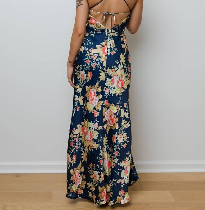 FALLING FAST SATIN MAXI DRESS IN NAVY FLORAL, Navy Floral / Black, alternate image number 1