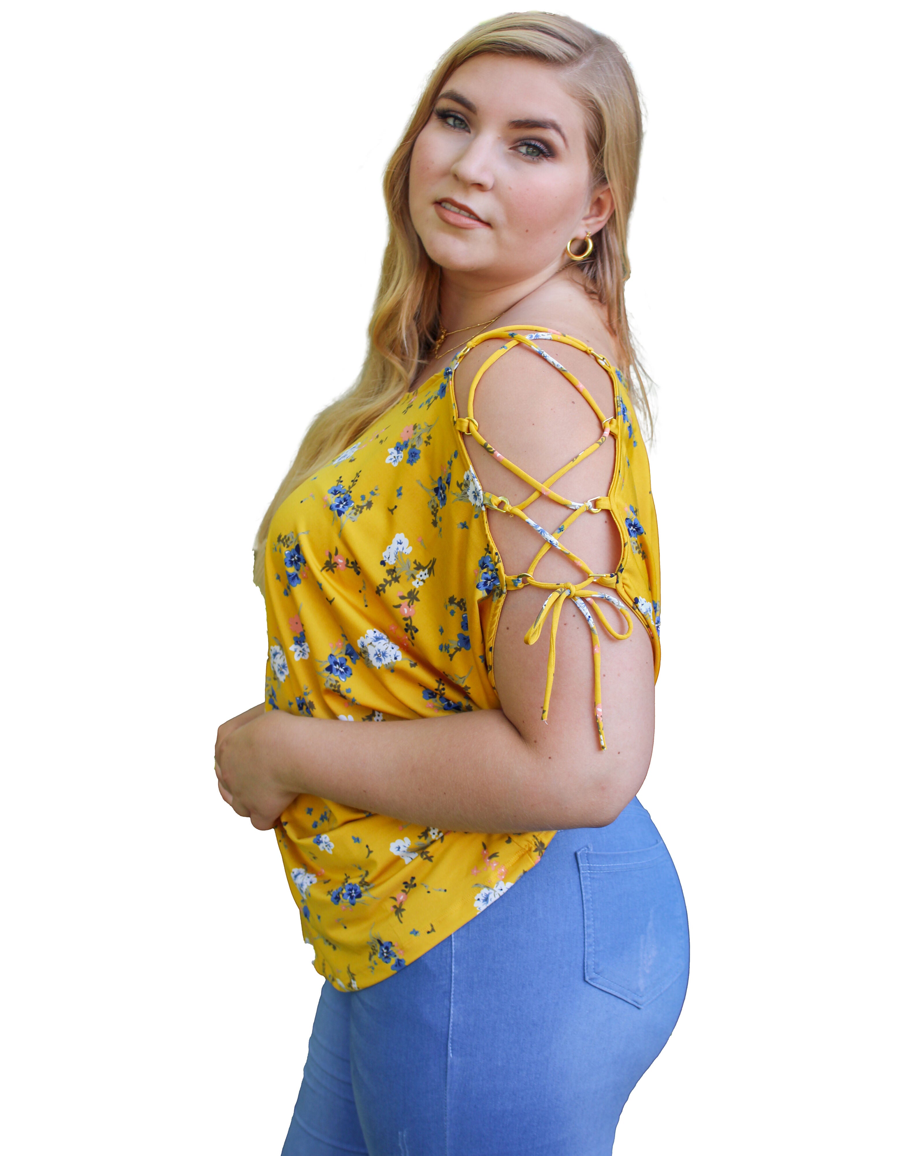 Honey Floral Print Shoulder Lace-Up Top, , alternate image number 5