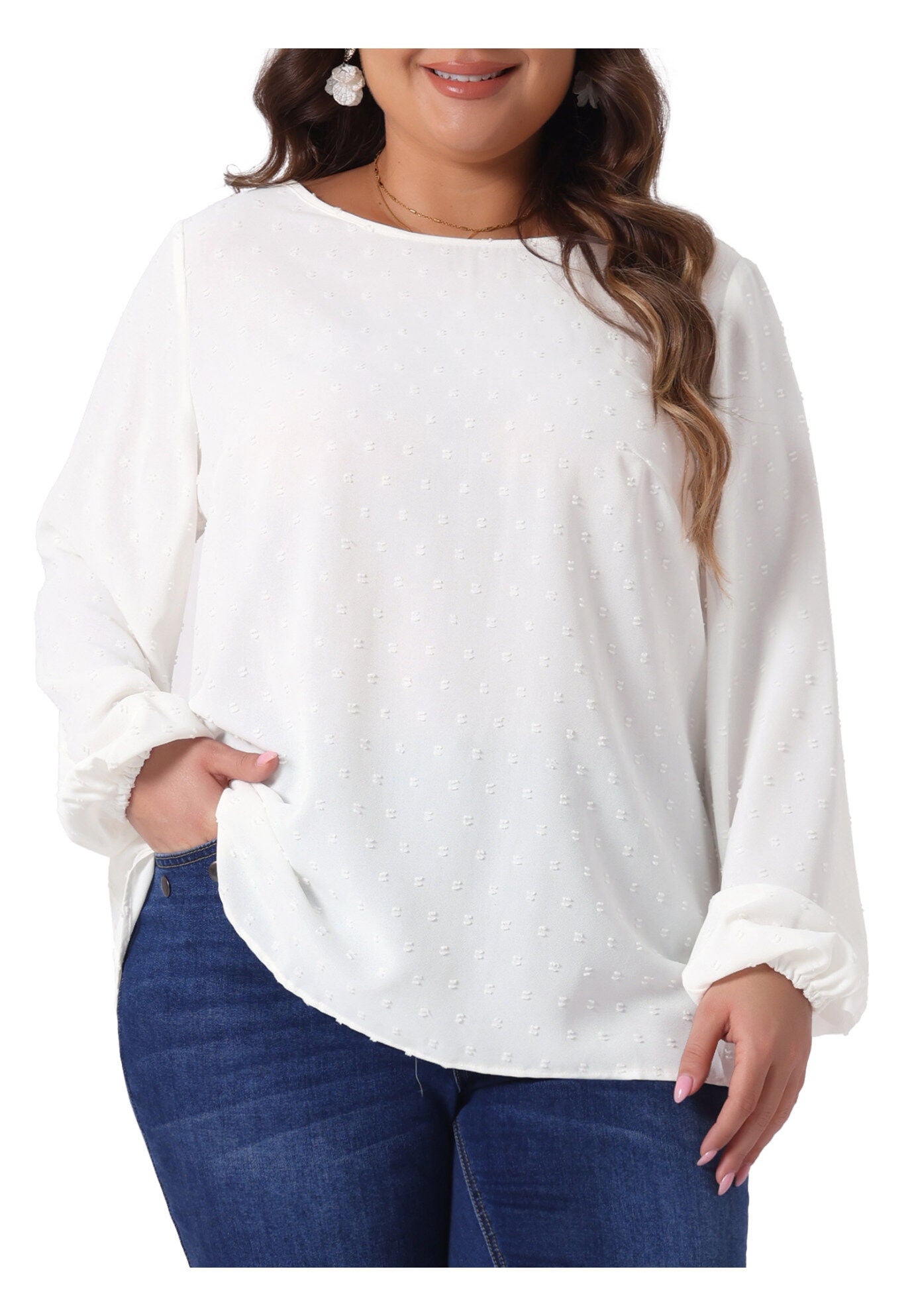Crewneck Chiffon Blouses Swiss Dots Long Sleeve Top, White / White, alternate image number 4