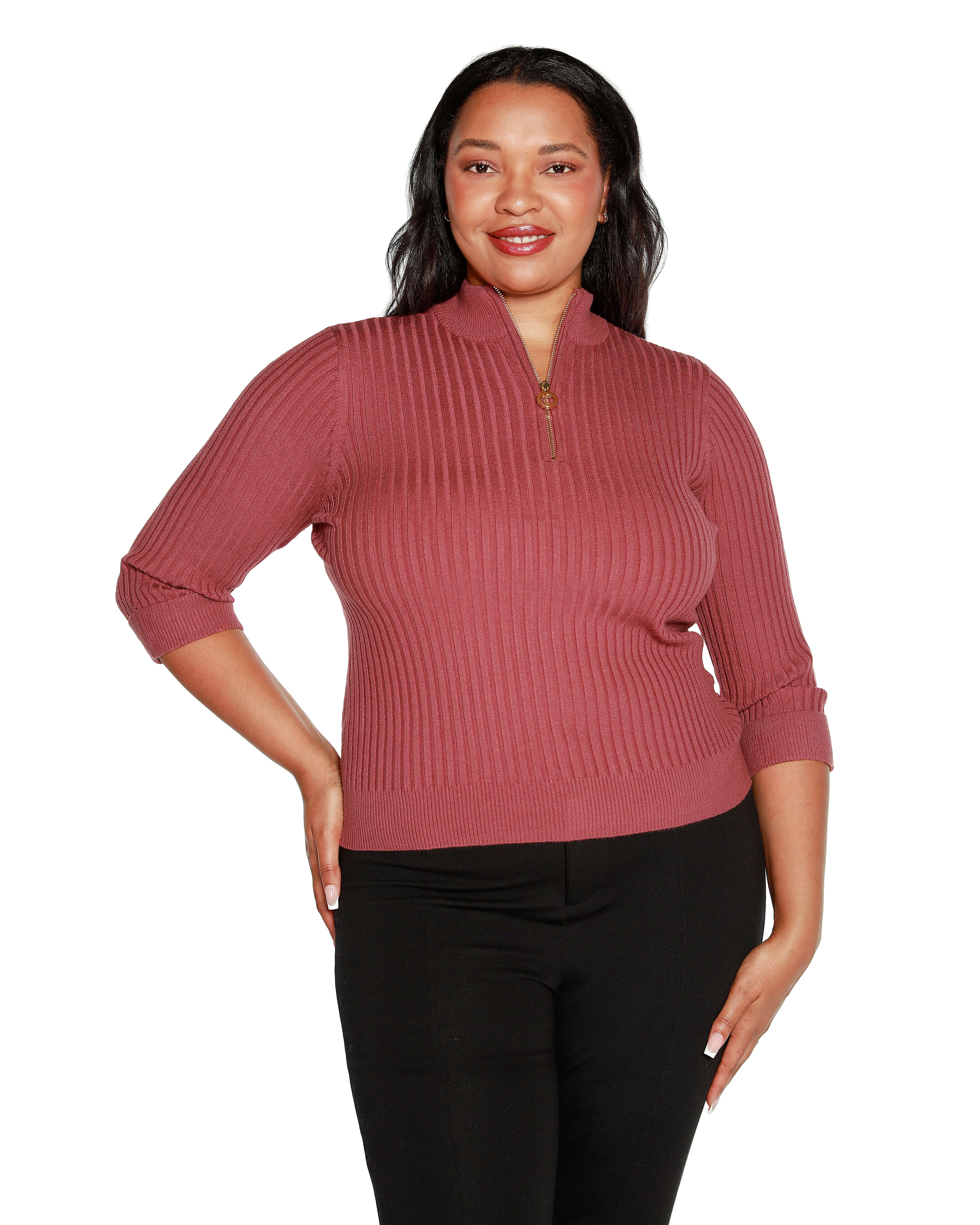 RIBBED QUARTER-ZIP SWEATER, Marsala Rose / Rust, hi-res image number 0