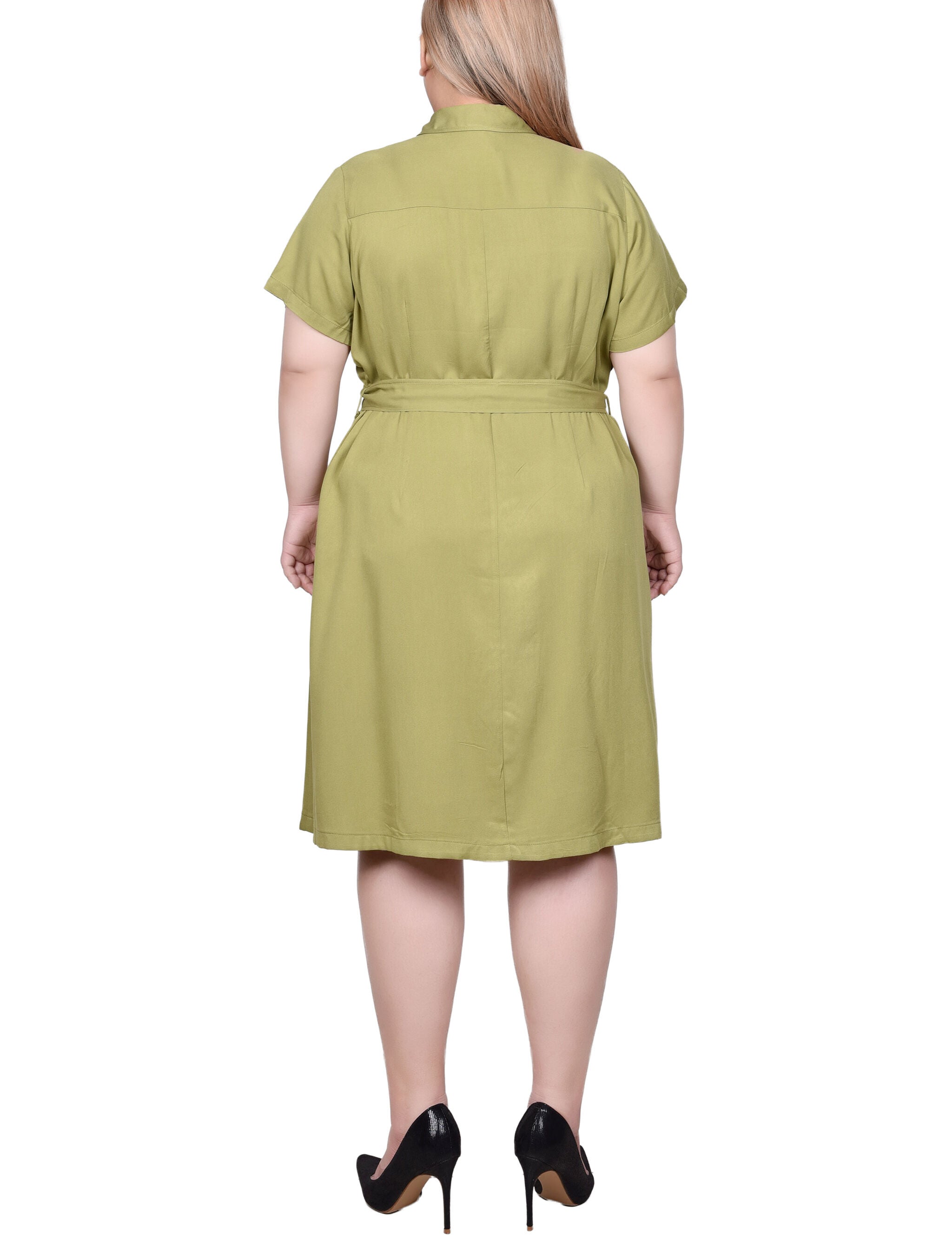 Short Sleeve Safari Style Dress, Olive Green, alternate image number 1