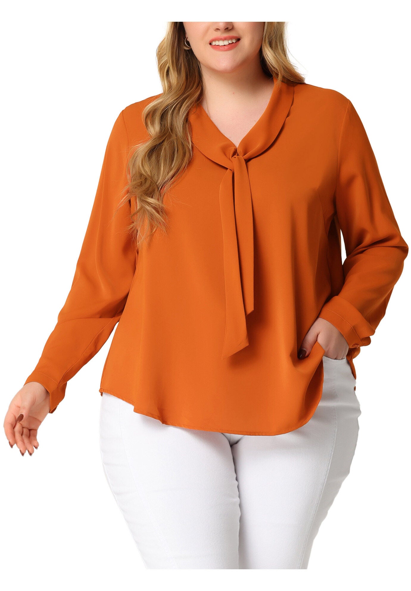 Long Sleeve Tie V Neck Chiffon Blouse, Caramel / Brown, alternate image number 2