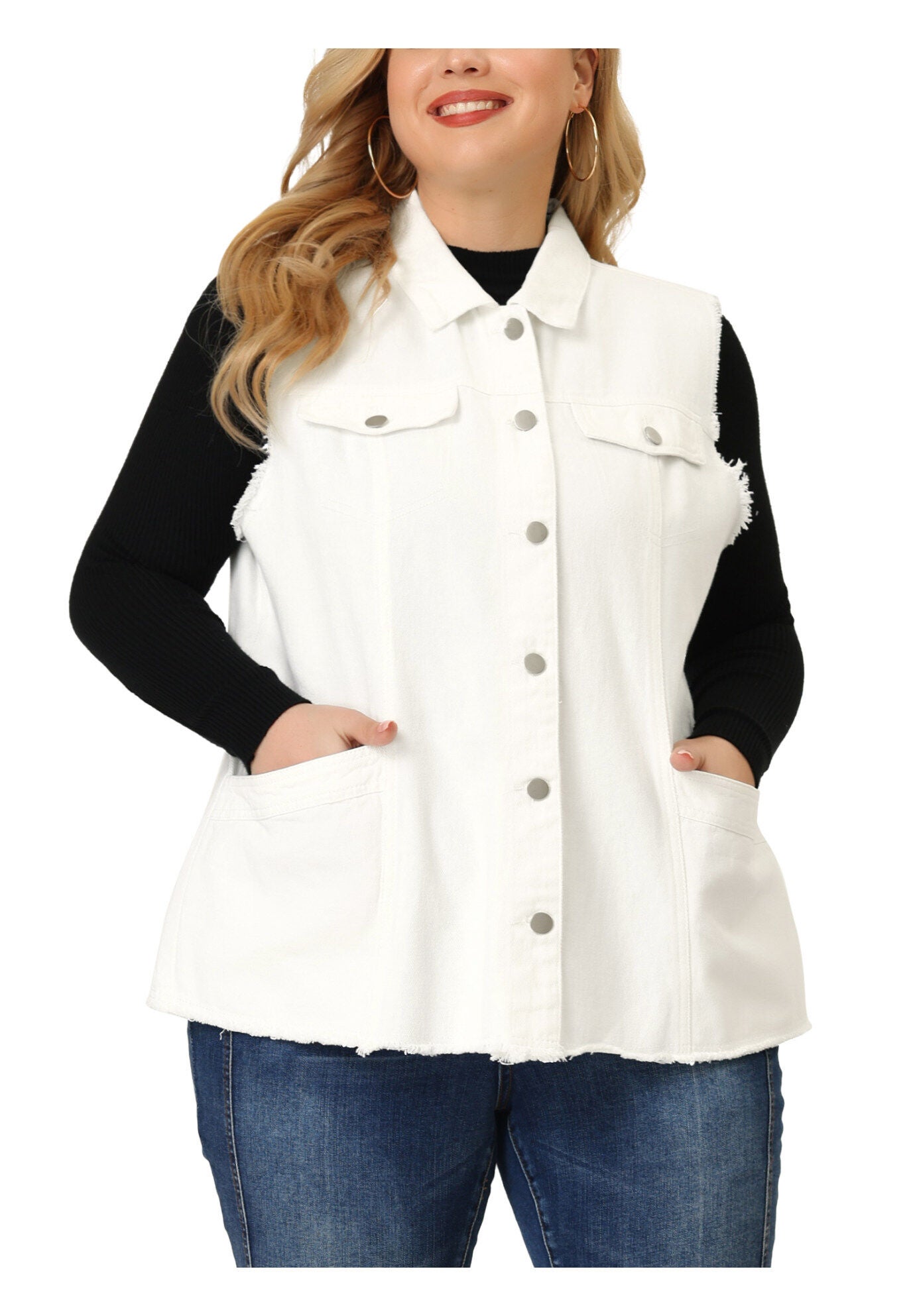 BUTTON FRONT LAPEL FRAYED WASHED SLEEVELESS LONG DENIM VEST, White / White, alternate image number 1