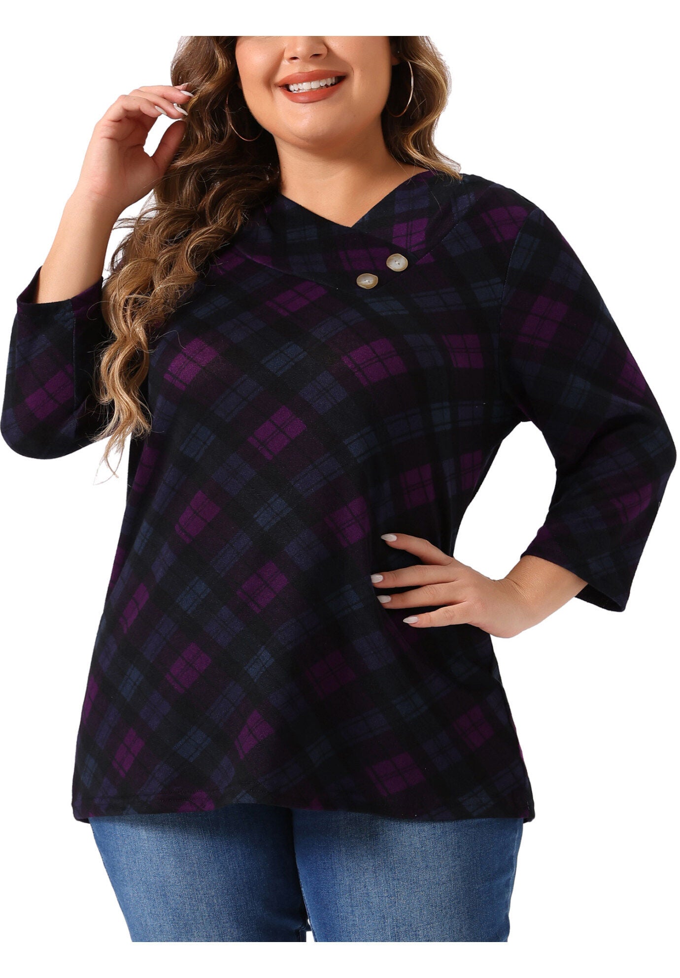 Stripe 3/4 Sleeve Tunic V Neck Knit Blouse, Purple Black / Black, alternate image number 2