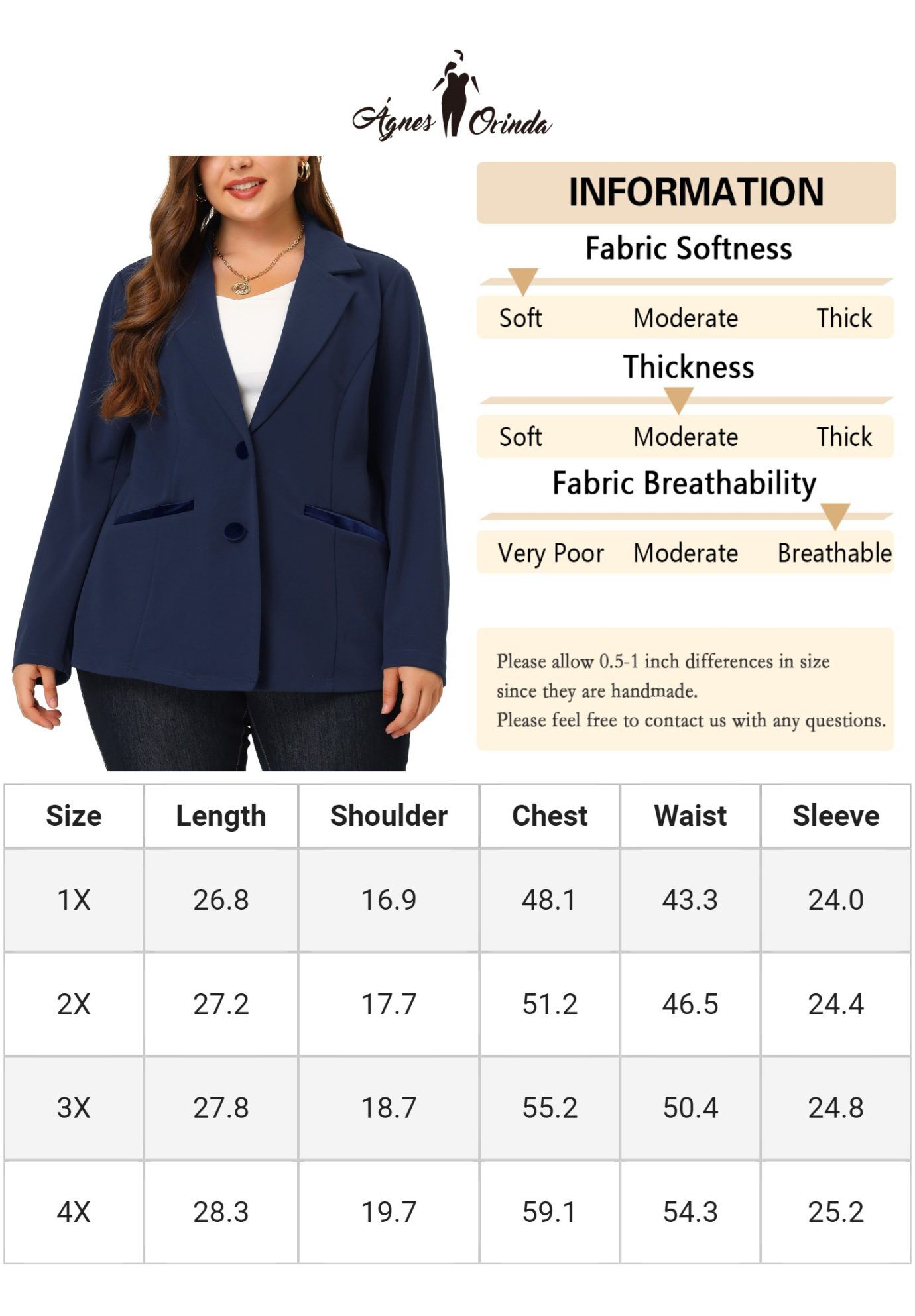 NOTCHED LAPEL V NECK WORK SUIT BLAZER, Navy Blue / Navy, alternate image number 1