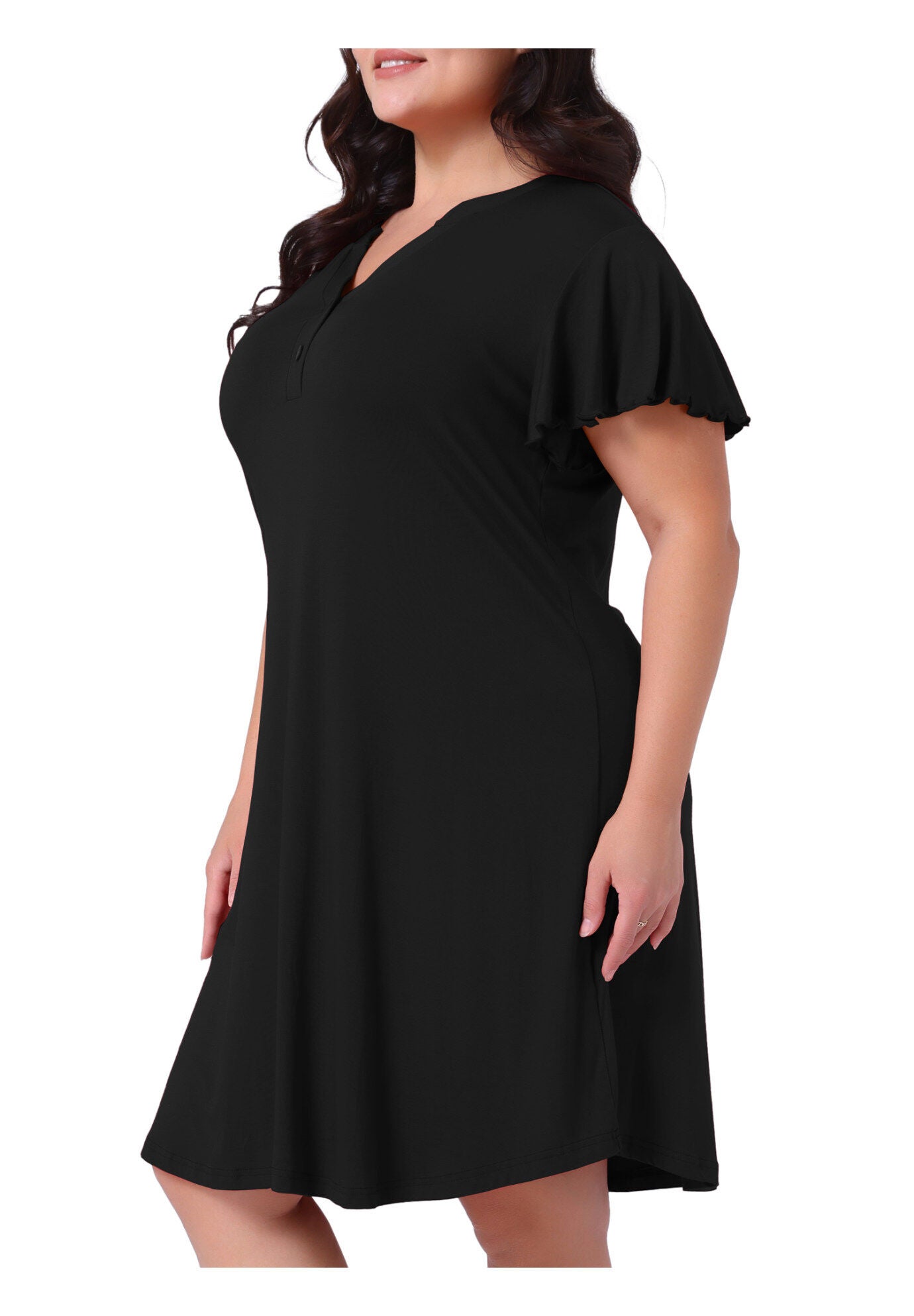 V Neck Nightshirt Ruffle Short Sleeve Loungewear, Black / Black, alternate image number 1