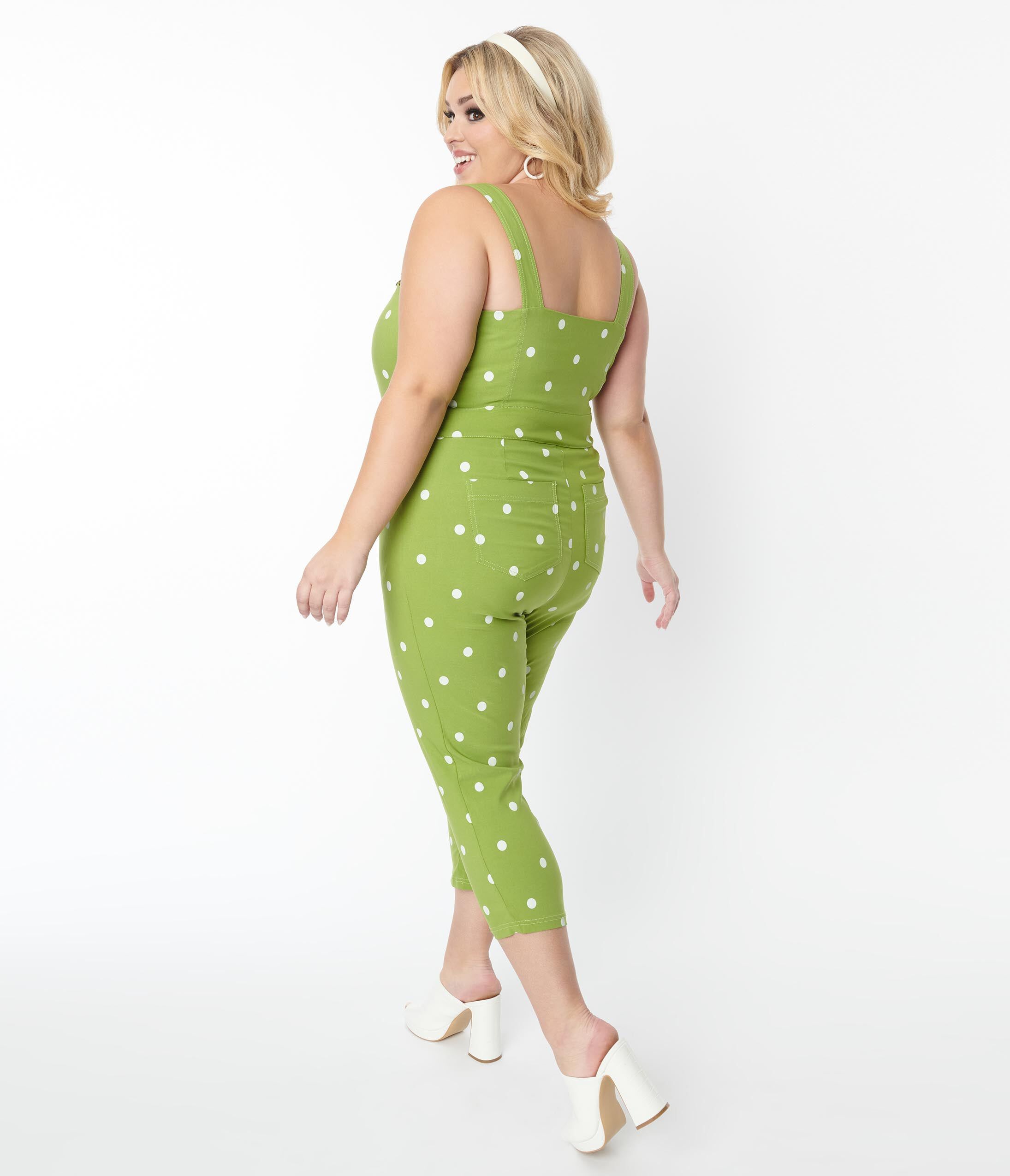 Unique Vintage Green & White Dot Eartha Jumpsuit, Green Polka Dot / Chartreuse, alternate image number 2