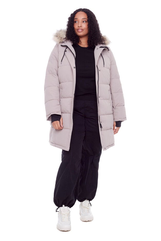Women's Plus Size - AULAVIK | Vegan Down Recycled Mid-Length Hooded Parka Coat, Light Taupe / Taupe, alternate image number 3