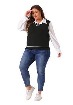 V Neck Stripe Cable Knit Sleeveless Pullover Sweater Vest