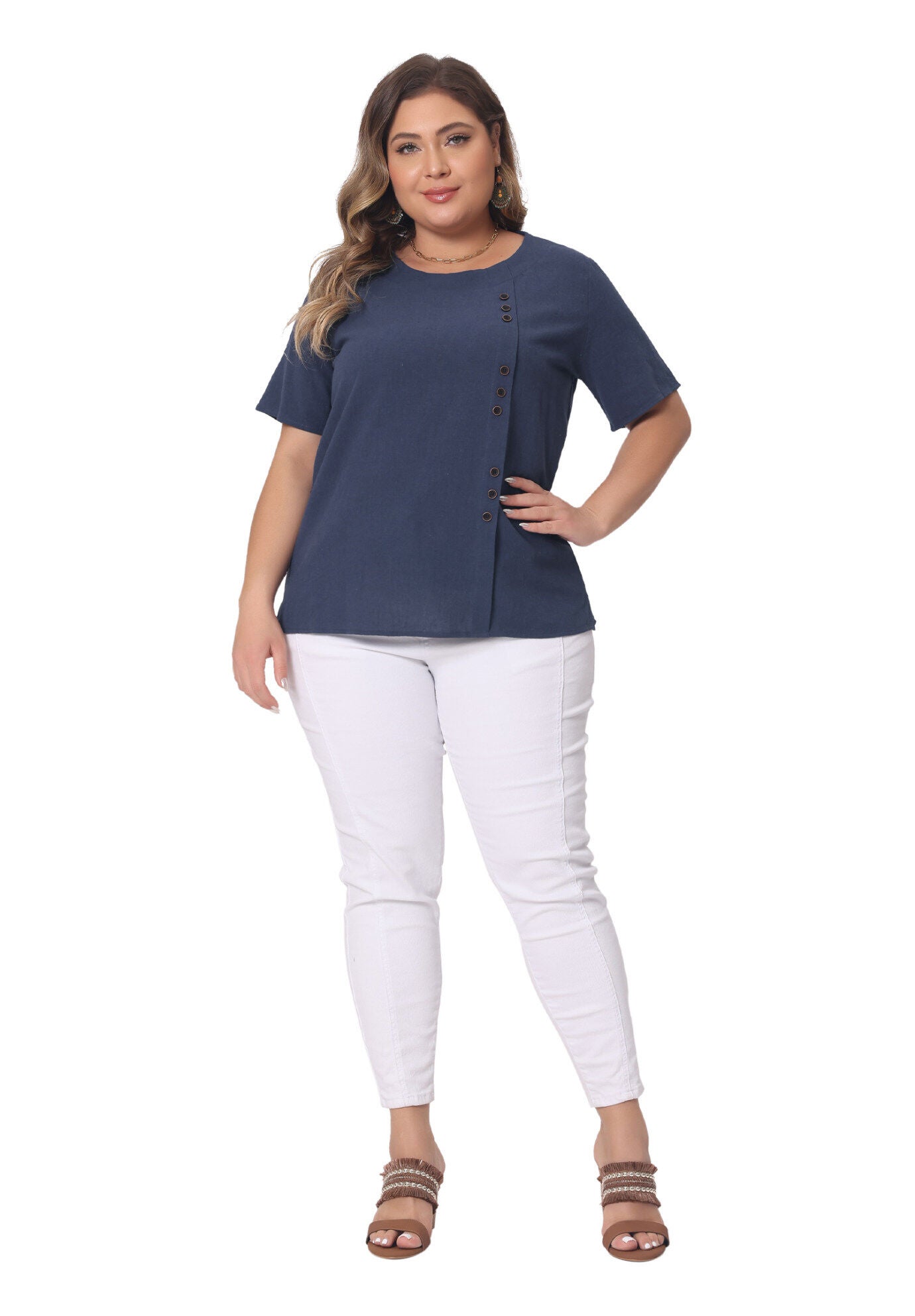 Short Sleeve Round Neck Cotton Linen T-Shirt Top, Navy Blue / Navy, hi-res image number 0