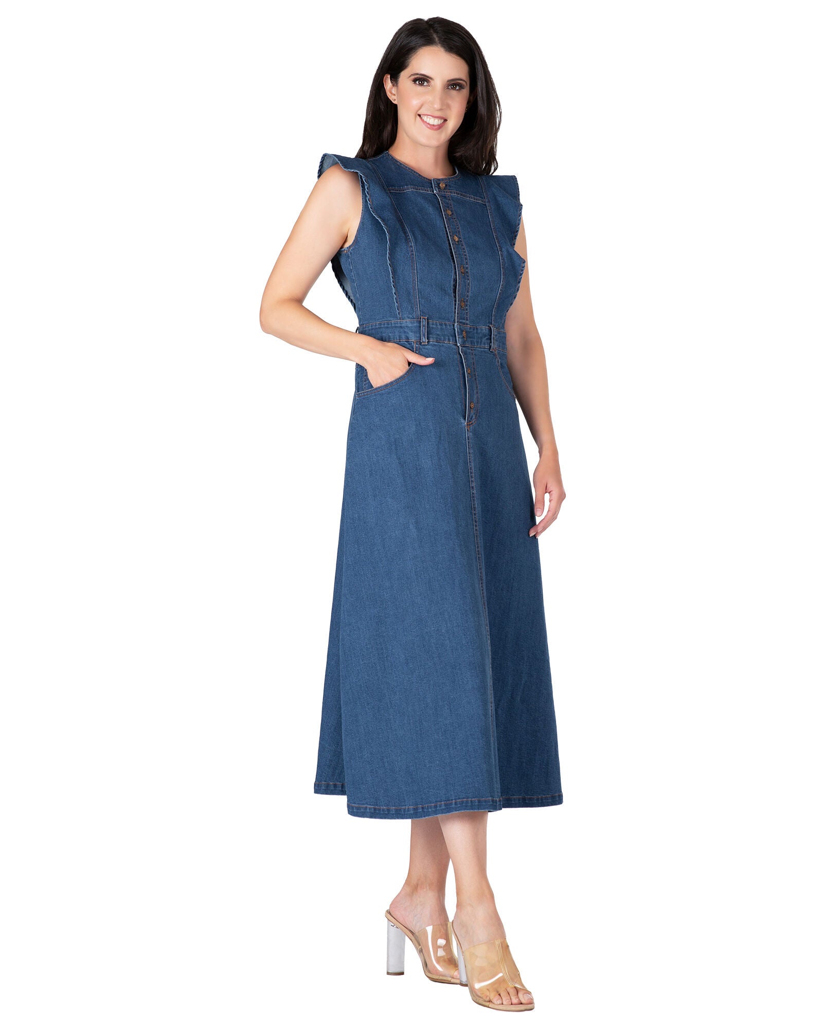 Verona Women&#39;s Plus Size Ruffle Sleeveless A-Line Midi Denim Dress, , alternate image number 7