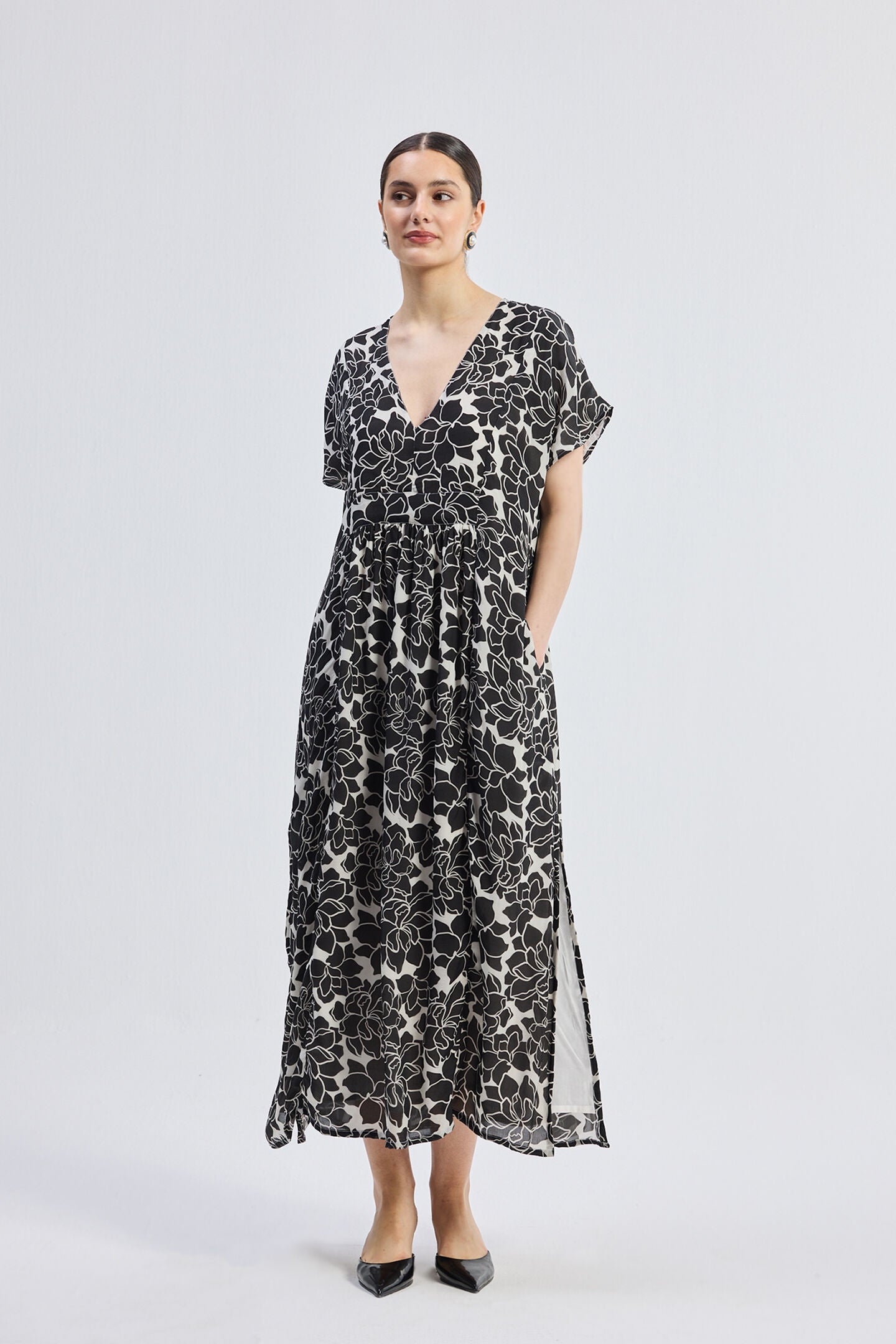 Deep V-neck Maxi Dress with Front Gathers in Black Florals, Midnight Bloom / Black, alternate image number 3