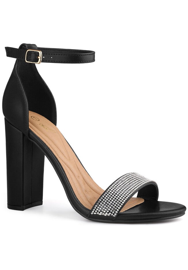 Open Toe Rhinestone Ankle Strap Chunky Heel Sandals, Black / Black, hi-res image number 0