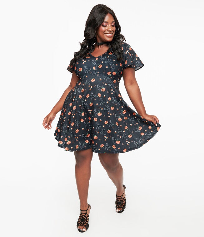 1950s Black Spooky Cats & Pumpkins Poppy Flare Dress, Black Cats Pumpkins / Black, alternate image number 1