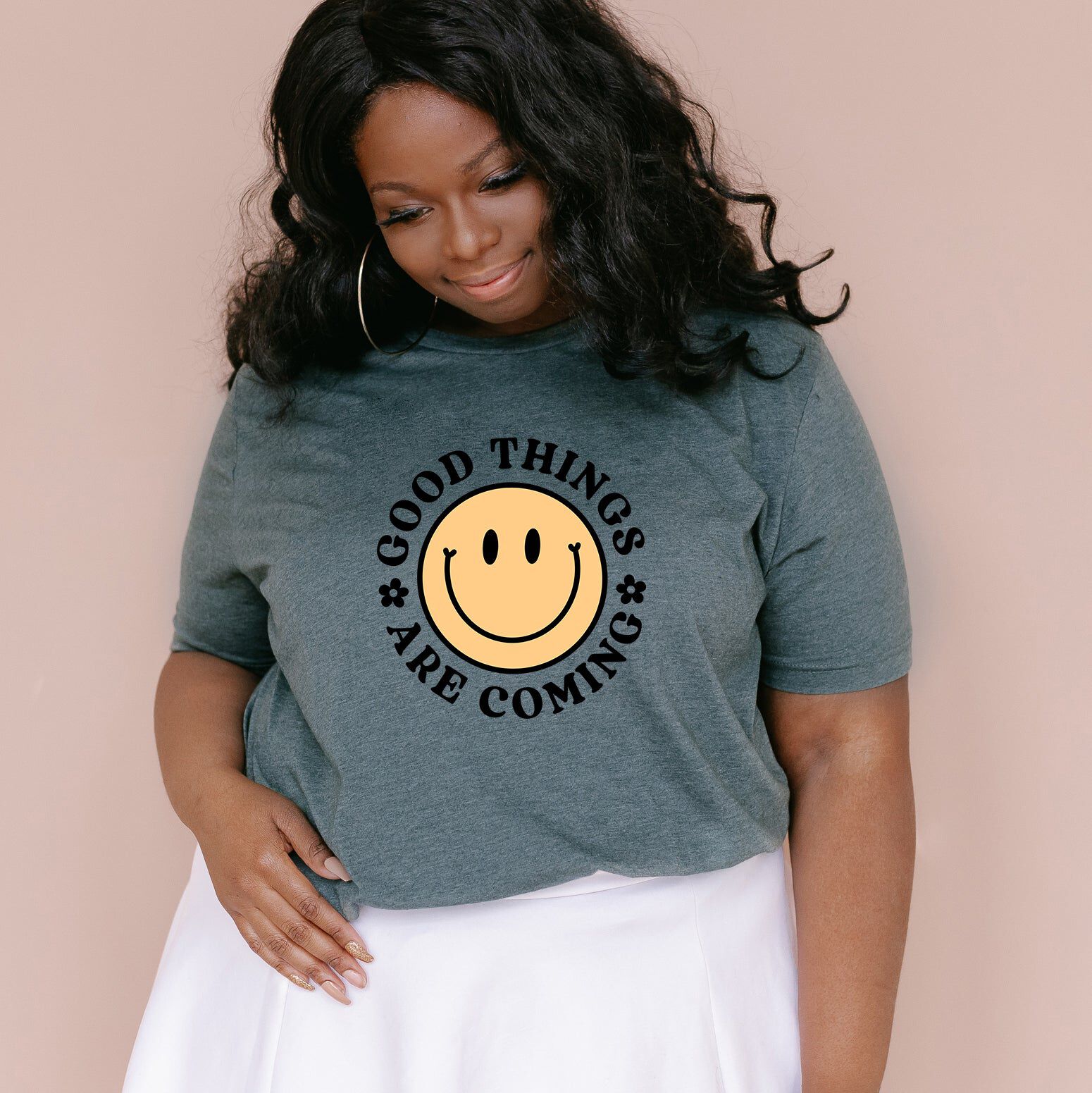 Good Things Are Coming Smiley Face Short Sleeve Graphic Tee, Forest / Olive Green, hi-res image number 0