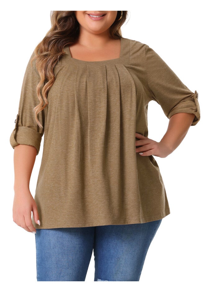 Square Neck Flowy Pleated Loose Fit Tunic Top, Brown / Brown, alternate image number 1