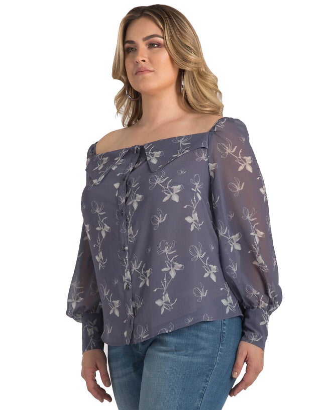 Plus Size Floral Print Long Sleeve Button Down Off-The-Shoulder Blouse, , alternate image number 7