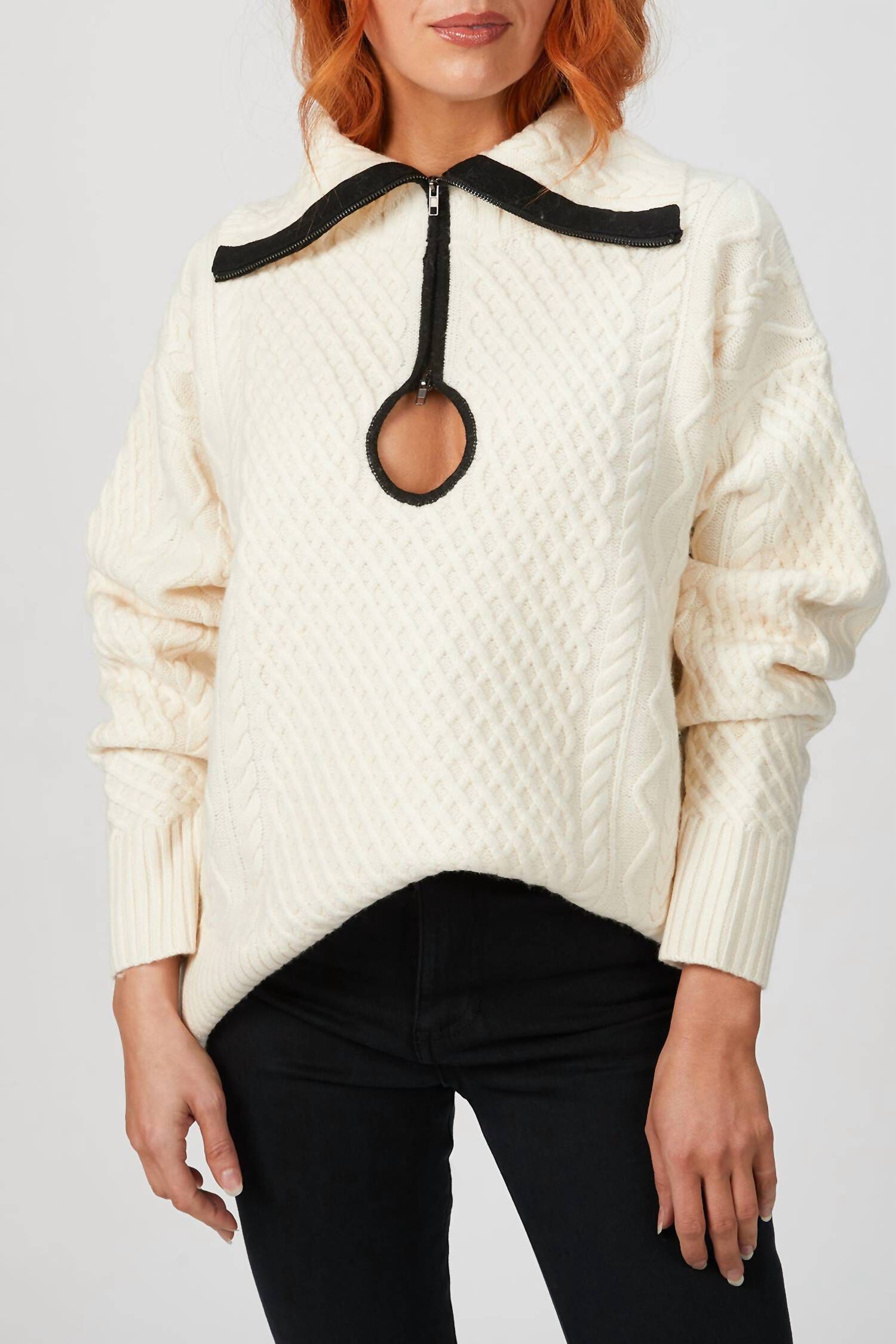 CABLE KNIT KEY HOLE SWEATER IN IVORY, Ivory / White, hi-res image number 0