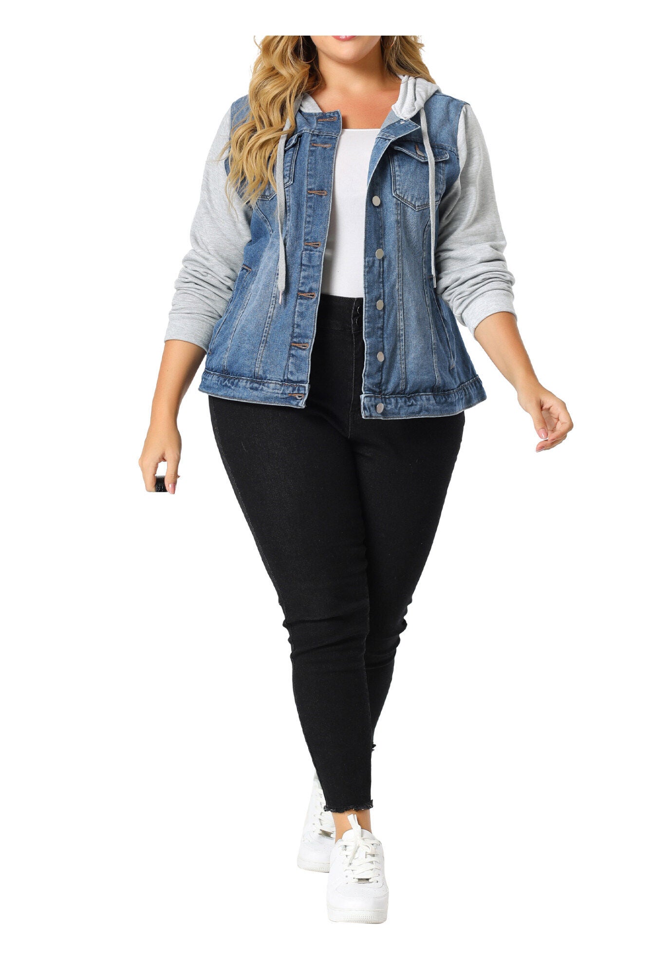 LAYERED DRAWSTRING HOODIE DENIM JEAN JACKET, Blue / Light Blue, alternate image number 1