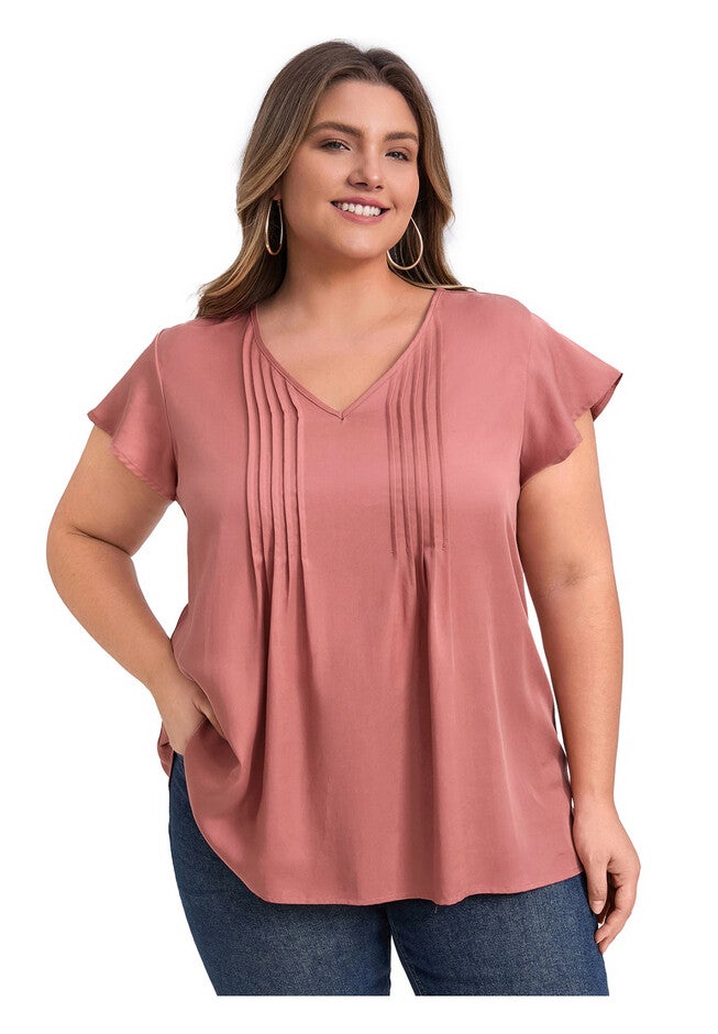 V Neck Topstitched Tucks Ruffle Short Sleeve Blouse, Coral Red / Coral, hi-res image number 0