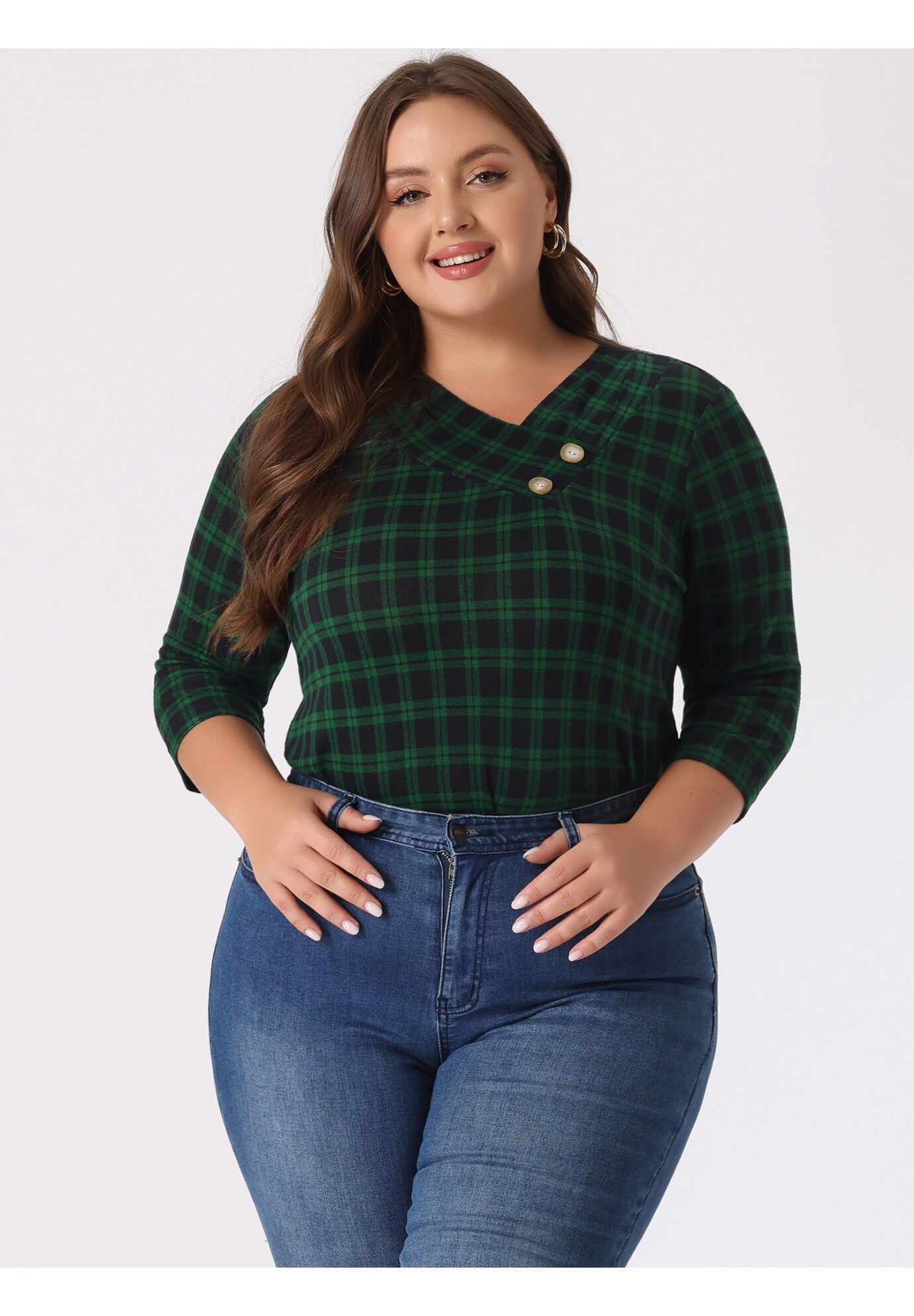 Stripe 3/4 Sleeve Tunic V Neck Knit Blouse, Dark Green / Forest Green, alternate image number 2