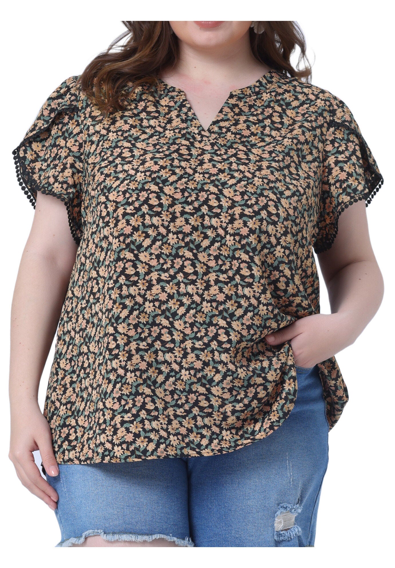 Floral V Neck Tulip Sleeve Shirt Summer Top, Black / Black, alternate image number 2