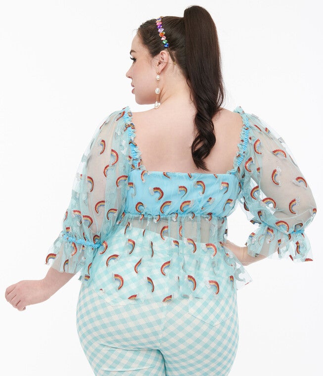 Smak Parlour 1960s Sky Blue & Glitter Rainbow Mesh Ruffle Babydoll Top, , alternate image number 5