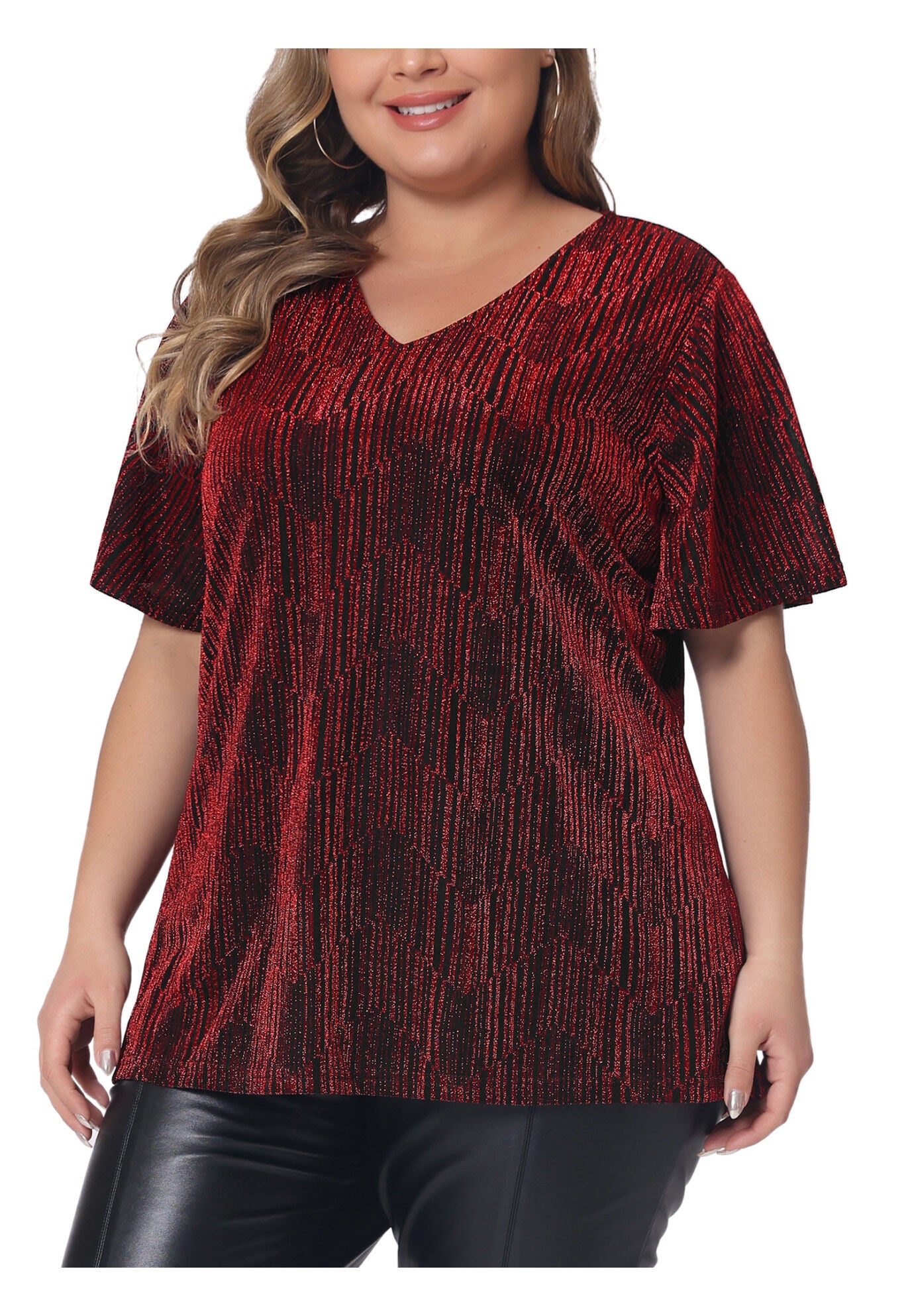 V Neck Metallic Short Sleeve Party Blouse Tee Top, Burgundy / Burgundy, alternate image number 1