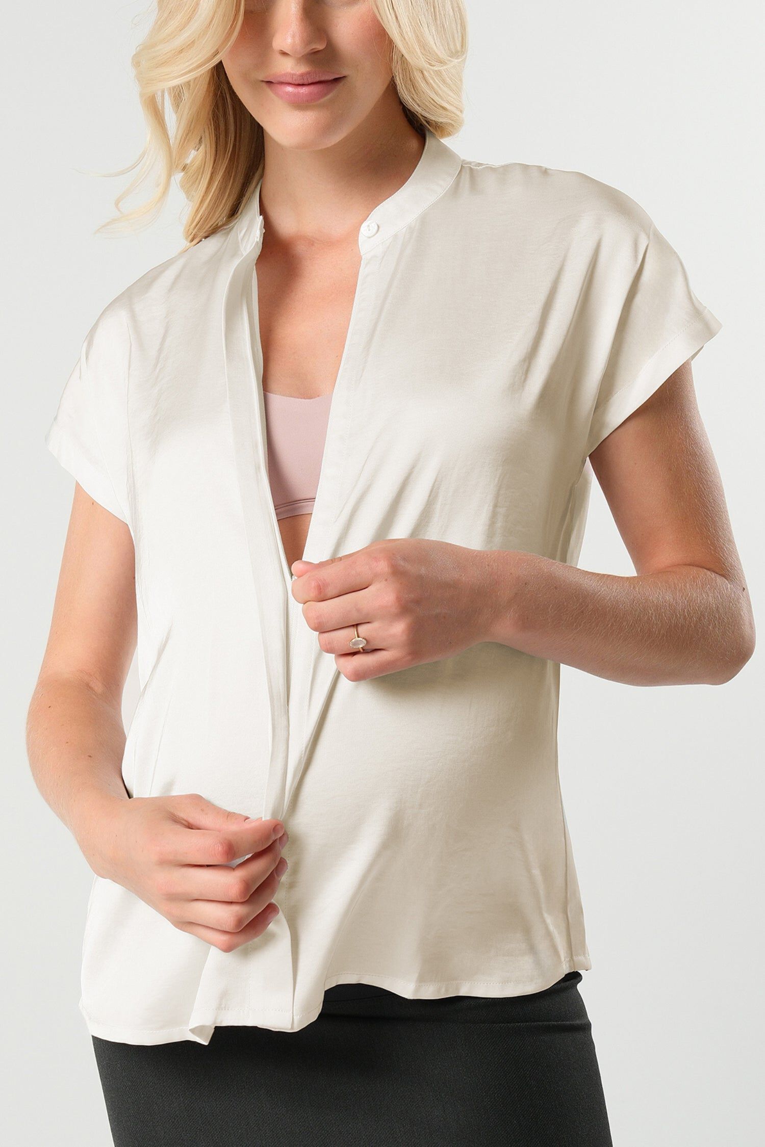 MARION Women's Short Sleeve Satin Maternity Shell Top with Concealed Nursing Zip, Cream / Cream, alternate image number 2
