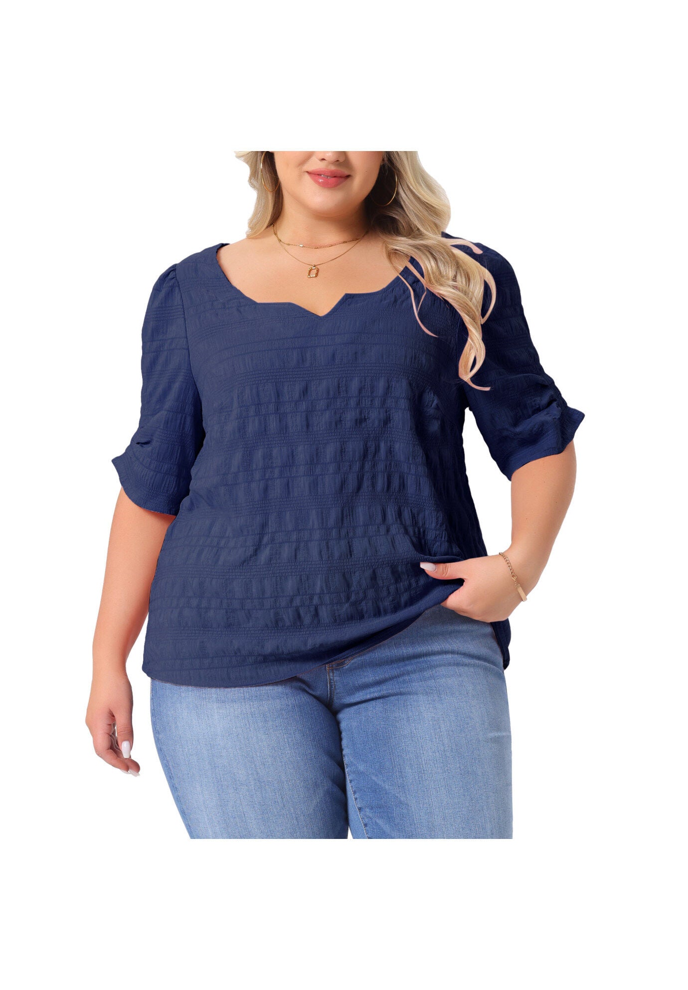 Pleated Notched Short Sleeve Casual Blouse, Dark Blue / Navy, alternate image number 3