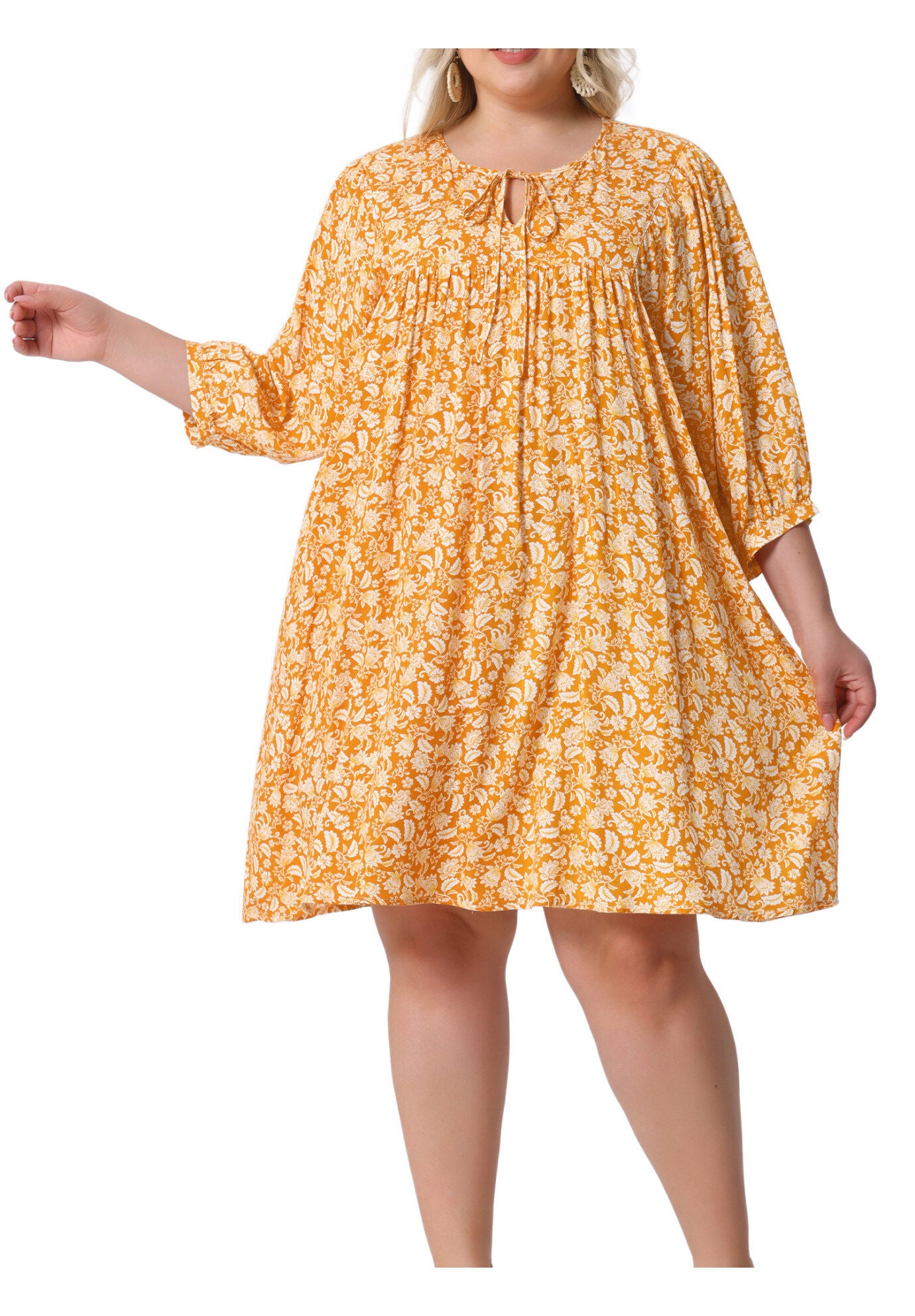 Summer Drawstring V Neck Babydoll Midi Flowy Sundress, Orange / Orange, alternate image number 1