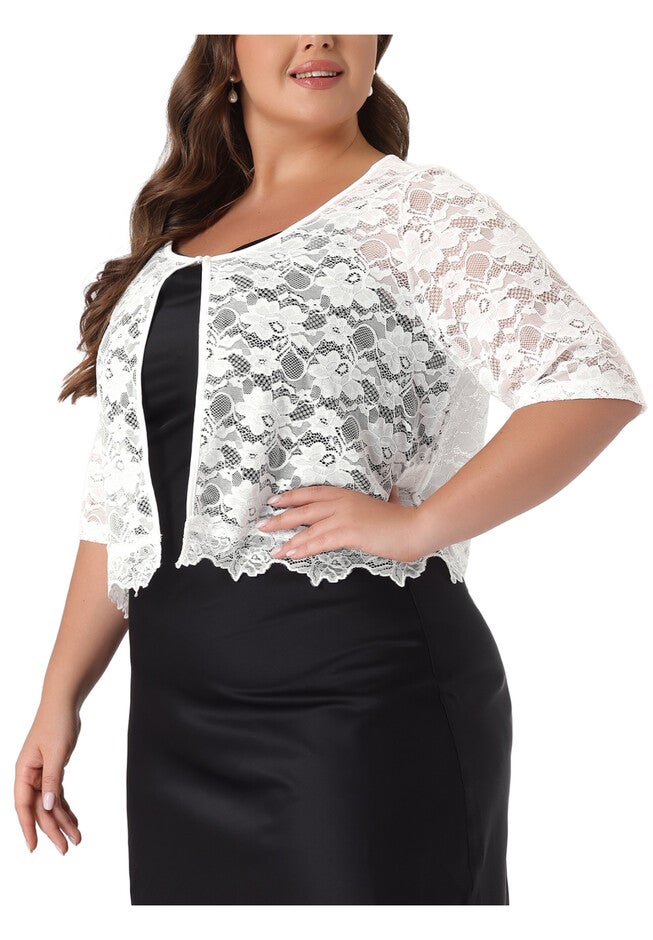 1/2 SLEEVE SHEER LACE BOLERO SHRUG, White / White, alternate image number 1