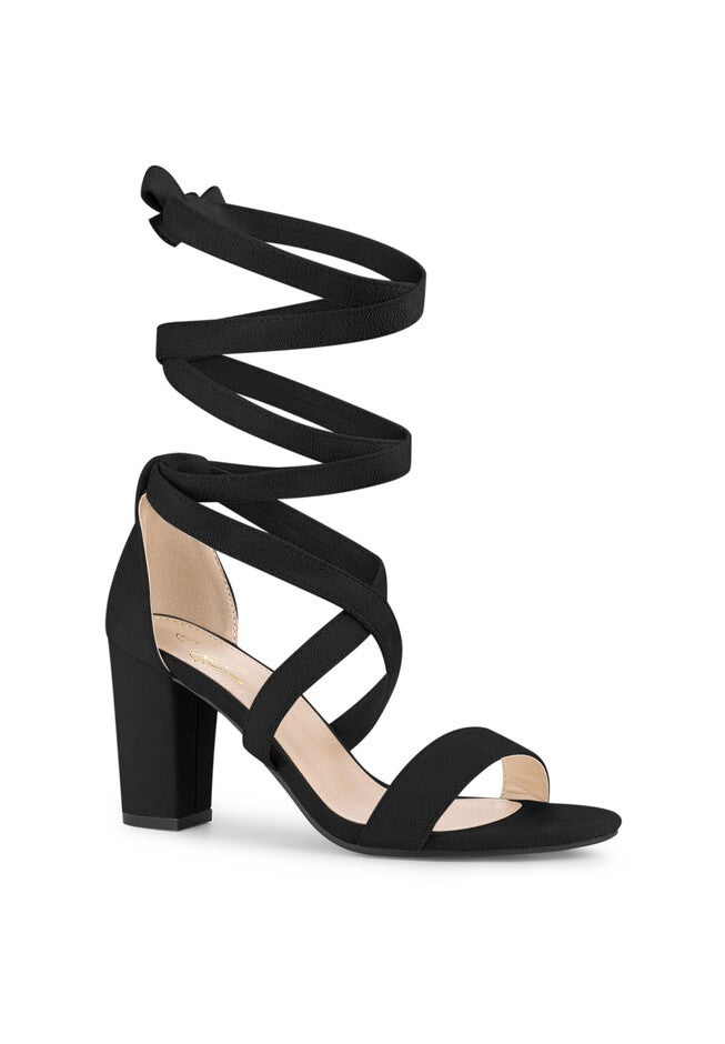 Crisscross Strappy Block Heel Wrap Lace Up Sandals, Black / Black, hi-res image number 0