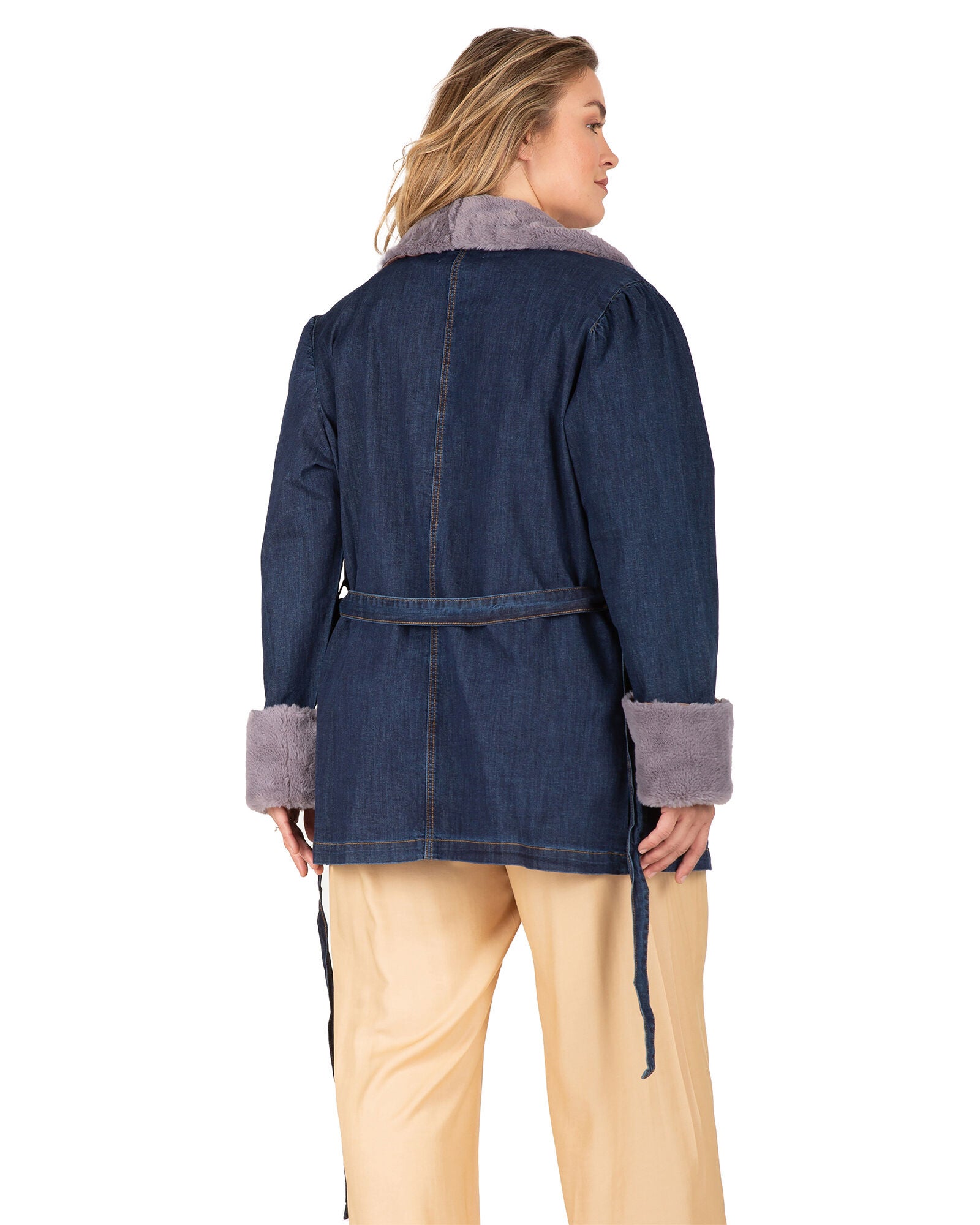 Emily Women&#39;s Tie Robe Detachable Faux Fur Denim Jacket, Dark Indigo / Dark Wash, alternate image number 3