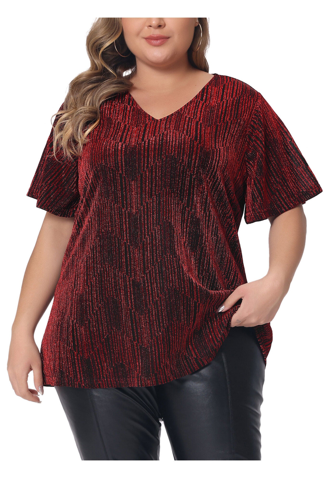 V Neck Metallic Short Sleeve Party Blouse Tee Top, Burgundy / Burgundy, alternate image number 2