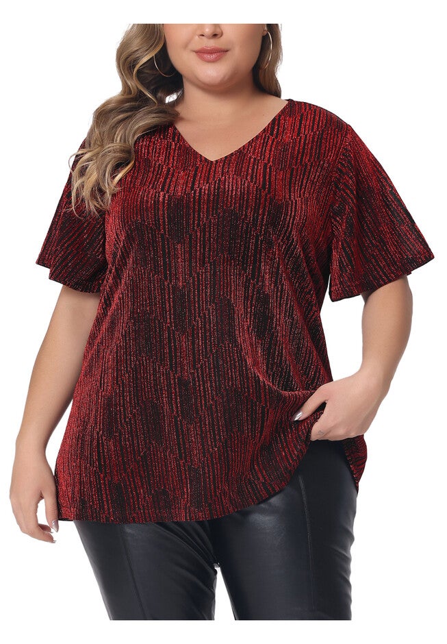 V Neck Metallic Short Sleeve Party Blouse Tee Top, Burgundy / Burgundy, alternate image number 2