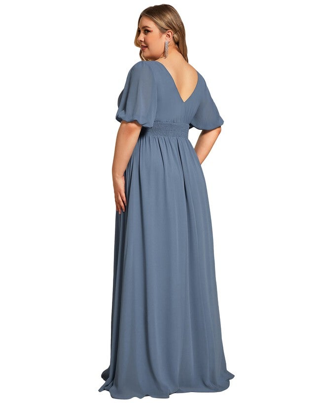 Chiffon Illusion V-Neck Flutter Sleeve Front Slit Evening Dress, Dusty Navy / Dusty Blue, alternate image number 1