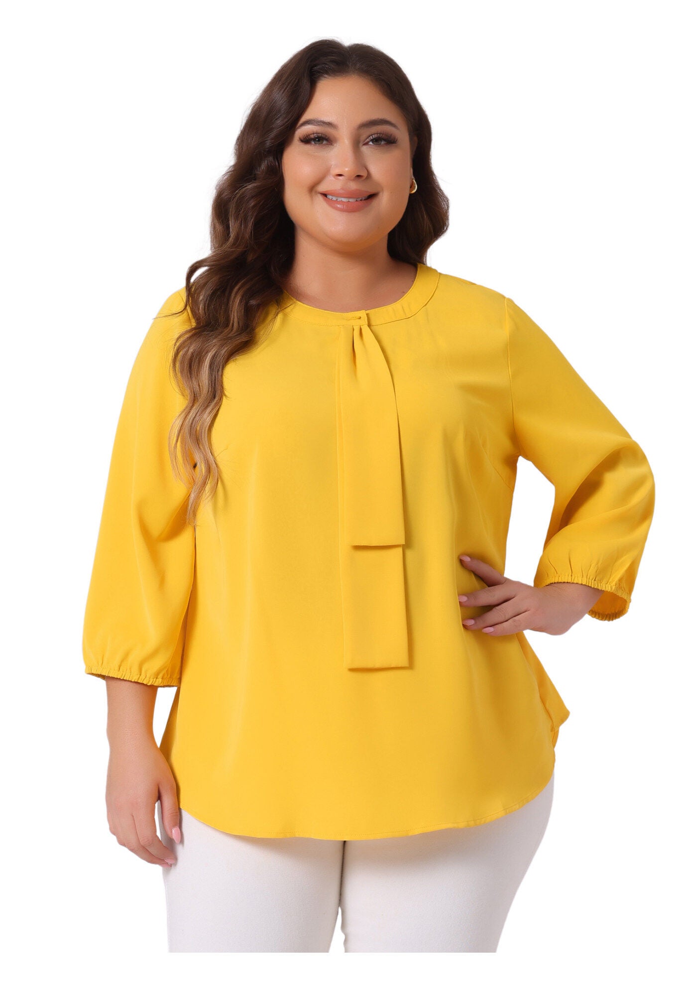 Work Round Neck Ruffle Chiffon Blouse Top, Yellow / Yellow, alternate image number 2