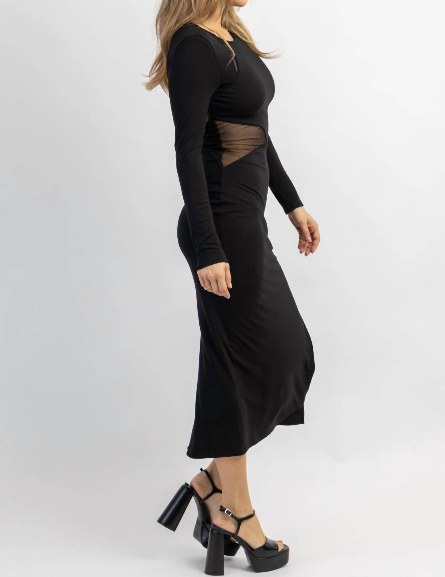 CLEAN LINES MESH BACKLESS MIDI DRESS IN BLACK, Black / Black, alternate image number 3