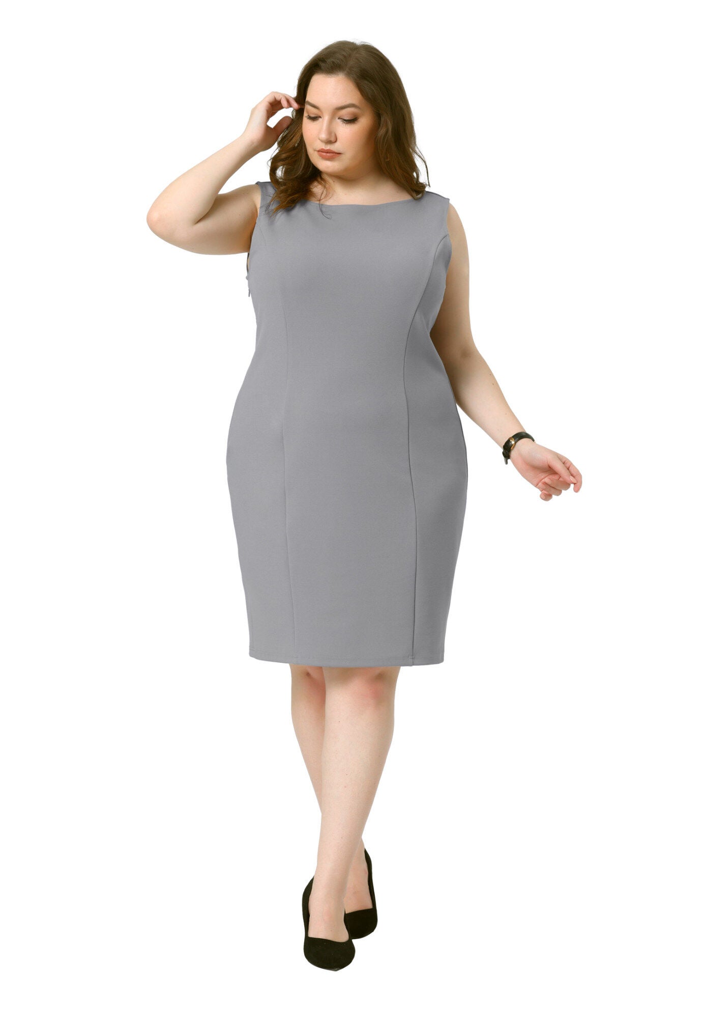 SLEEVELESS BOAT NECK STRAIGHT PENCIL SHEATH DRESS, Gray / Cool Gray, alternate image number 3