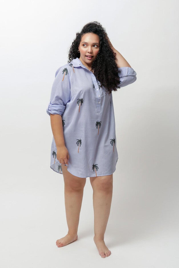 Reagan Boyfriend Shirt Cover Up, Palm Tree Print / Light Blue, hi-res image number 0