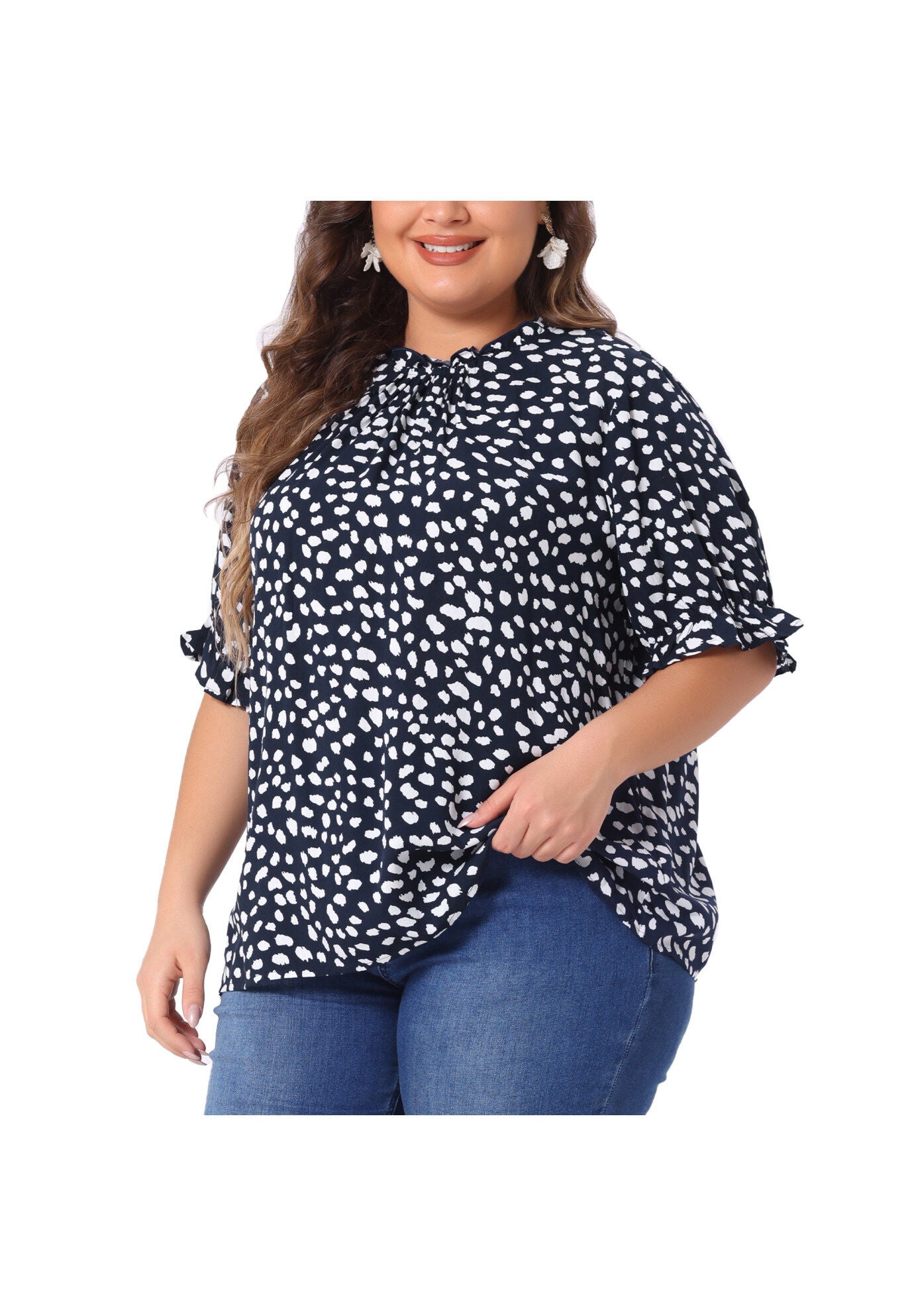 Polka Dots Printed Short Sleeve Ruffle Mock Neck Blouse, Navy Blue / Navy, alternate image number 4