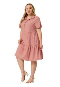 Short Sleeve Button Down Flowy Tiered Shirt Chambray Dress