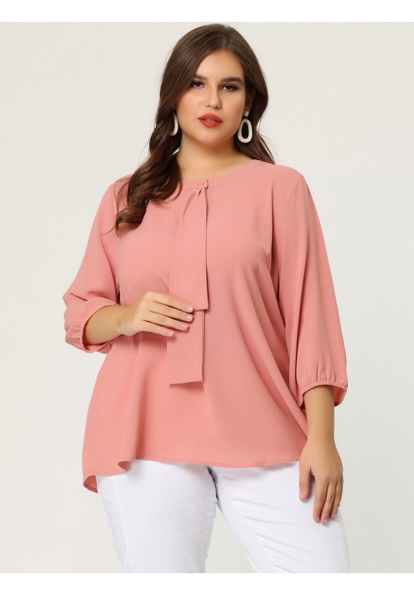 Work Round Neck Ruffle Chiffon Blouse Top, Pink / Pink, alternate image number 1