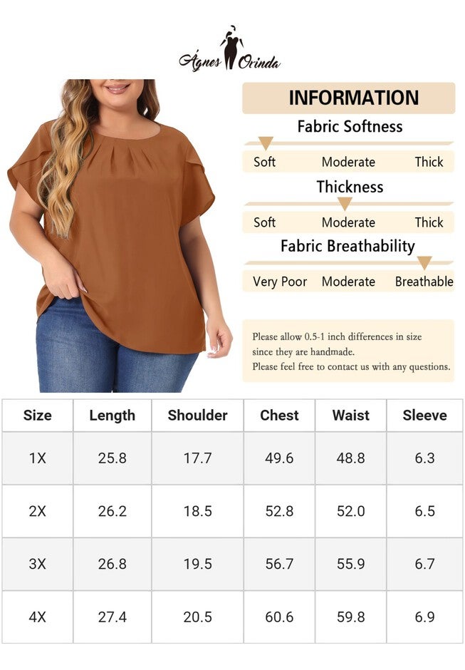 Round Neck Pleated Top Tulip Sleeves Blouse Top, Brown / Brown, alternate image number 4