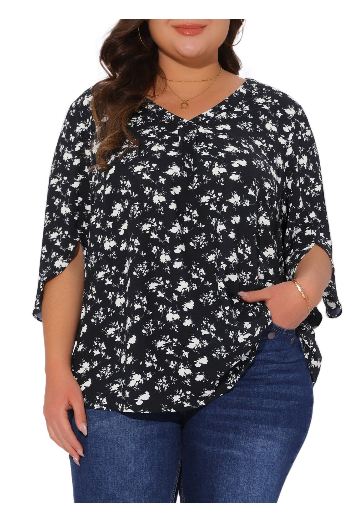 3/4 Sleeve V Neck Chiffon Shirt Tunic Top, Black / Black, alternate image number 2